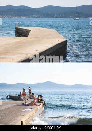 Une image combinée montre une vue générale de la plage pendant l'épidémie de coronavirus (COVID-19) à Zadar, Croatie sur 15 juin 2020 (EN HAUT) et 20 juillet 2019. Photo: Marko Dimic/PIXSELL Banque D'Images