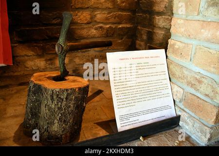 Pendant cinq décennies, Djuro Vukovic a gardé une hache de 5 500 ans sur le mur de sa maison, qui est maintenant dans le Musée de Brod-Postavina à Brod Slavonski, en Croatie, sur 13 juillet 2020. Pendant près de 50 ans, Djuro Vukovic (77) de Vrhovina près de Slavonski Brod a gardé une hache de cuivre, ne connaissant pas son âge et sa valeur de musée. Il a creusé une hache dans le 1970s en creusant des trous pour des piliers en béton pour planter de grands vignobles du complexe agro-industriel de Jasinje dans son village de Vrhovina. Il a pris l'objet trouvé à la maison, l'a nettoyé du sol et l'a mis sur le mur. Il n'avait aucune idée qu'il avait 5 500 ans. Banque D'Images