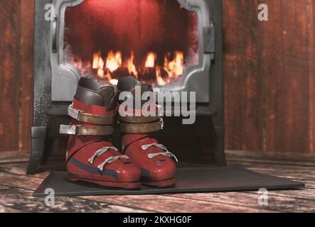 Chaussures de ski vintage scène cabine intérieure. Les bottes des années 70 sèchent devant un poêle rustique. Gros plan 3D rendu avec profondeur de champ et millésime Banque D'Images