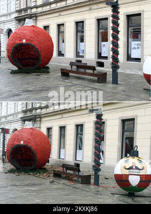 L'image combinée montre le centre de Sisak sur 28.11.2020. Et photo prise après le tremblement de terre de 11.01.2021 à Sisak, Croatie. 6,4-le tremblement de terre qui a frappé la Croatie sur 29 décembre 2020 s'est produit à 10 km au-dessous du sol, à 50 km au sud-est de Zagreb. Photo: Nikola Cutuk/PIXSELL Banque D'Images