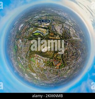 Vue aérienne, tétraèdre sur Beckstraße slagheap, alpincenter Bottrop, facheye tourné, 360 degrés tourné, Batenbrock-Nord, Bottop, région de la Ruhr, Rhénanie-du-Nord- Banque D'Images