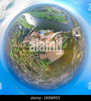 Photo aérienne, renaturation de l'estuaire de l'Emscher, Rhin et rivière Emscher, centrale électrique de STEAG Walsum, tir au poisson, tir à 360 degrés, Eppinghoven, Dinsl Banque D'Images