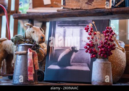 Œuvres d'art et objets décoratifs dans un chalet en Angleterre Banque D'Images