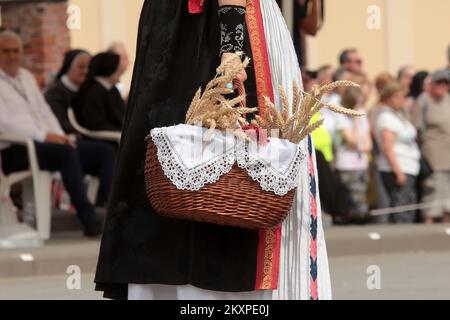 Les gens participent au festival de Dakovacki vezovi (broderie Dakovo) sur la place Strossmayer à Djakovo, Croatie, le 04. Juillet. Dakovacki vezovi a été fondée en 1967, à l'occasion de l'année internationale du tourisme. Il est considéré comme l'un des événements culturels majeurs de toute la Slavonie. Photo: Dubravka Petric/PIXSELL Banque D'Images