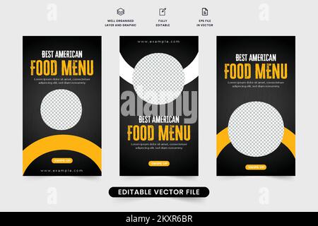 Meilleure affiche de promotion alimentaire latino-américaine avec des formes abstraites. Vecteur de modèle de publicité commerciale de restaurant avec des couleurs noir et jaune. Illustration de Vecteur