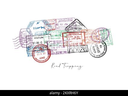 Voiture faite à partir d'un passeport timbres différents pays avec le lettering route trébuchant affiche Banque D'Images