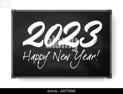 craie de 2023 chiffres inscrite sur le tableau de surveillance. Affiche de l'événement du nouvel an, couverture de carte de vœux, conception du calendrier 2023, invitation à célébrer le nouvel an et Illustration de Vecteur