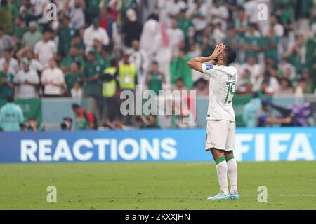 Lusail, Qatar. 30th novembre 2022. Hatan Bahbri d'Arabie Saoudite réagit après le match du Groupe C entre l'Arabie Saoudite et le Mexique lors de la coupe du monde de la FIFA 2022 au stade Lusail à Lusail, Qatar, le 30 novembre 2022. Crédit: Wang Dongzhen/Xinhua/Alay Live News Banque D'Images