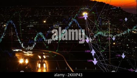 Les courbes financières sur la ville la nuit. Banque D'Images