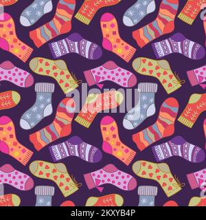 Chaussettes d'hiver motif sans couture sur fond violet. Chaussettes à motifs de texture et de couleur différentes. Illustration de Vecteur