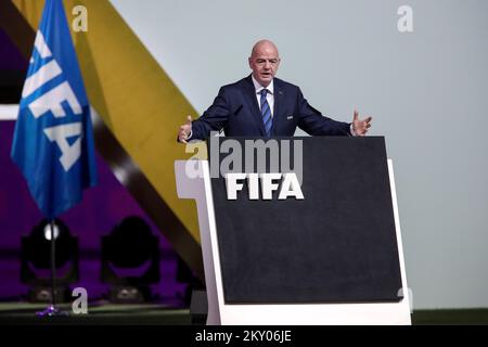 Gianni Infantino, président de la Fifa, s'exprime lors de la coupe du monde de la FIFA, lors du tirage au sort final du Qatar 2022 au Centre d'exposition de Doha sur 01 avril 2022, à Doha, au Qatar. Photo: Igor Kralj/PIXSELL Banque D'Images