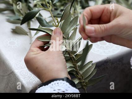 Le tricotage de branches d'olive peut être vu dans la photo à Bodarica, Croatie sur 9 avril 2022. Le tricotage des branches d'olive est une coutume traditionnelle pour les plus grandes vacances chrétiennes, Pâques. Photo: Dusko Jaramaz/PIXSELL Banque D'Images