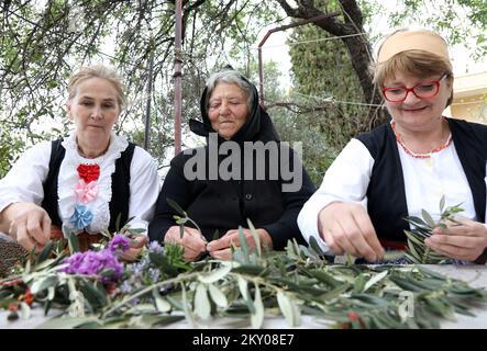 Le tricotage de branches d'olive peut être vu dans la photo à Bodarica, Croatie sur 9 avril 2022. Le tricotage des branches d'olive est une coutume traditionnelle pour les plus grandes vacances chrétiennes, Pâques. Photo: Dusko Jaramaz/PIXSELL Banque D'Images