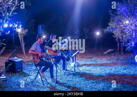 Le batane et la mer sont transformés dans une galerie unique d'installations d'art mobile, programme pour les enfants et spectacle de lumière lors de l'événement 'Rhapsody in Blue' dédié à la mer d'azur à Fazana, Croatie sur 28. Août 2022. Photo: Srecko Niketic/PIXSELL Banque D'Images