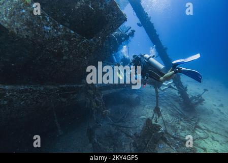 Plongée sous-marine explorant l'intérieur d'une épave submergée de Giannis D sur 30 septembre 2022 à Hurghada, Mer Rouge, Egypte. En avril 1983, Giannis D a été chargé de bois d'œuvre à Rijeka, en Croatie, destiné à l'Arabie saoudite et au Yémen. Le navire traverse la Méditerranée et traverse le canal de Suez. Le 19 avril 1983, il s'approchait à pleine vitesse du détroit de Gobal lorsqu'il a été vu soudainement dévier et s'écraser lourdement dans le coin nord-ouest de la crête Sha'ab Abu Nuhas. L'équipage a abandonné le navire et a été secouru en toute sécurité. L'épave submergée de Giannis D est située à une profondeur de 4 à 2 Banque D'Images