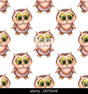 Motif d'illustration aquarelle d'un owlet de dessin animé. Hibou intelligent. Retour à l'école. Idéal pour les tee-shirts, les cartes, les imprimés. Isolé sur fond blanc. Dessiné Banque D'Images