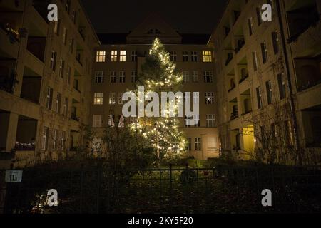 Berlin, Allemagne. 30th novembre 2022. Deux arbres de Noël se trouvent à Berlin Charlottenburg, à côté de bâtiments résidentiels, sur 30 novembre 2022. Selon les estimations de nombreuses associations en Allemagne, responsables de la production des arbres de Noël, les prix des arbres de Noël devraient rester stables. Par conséquent, l'industrie des arbres de Noël ne s'attend à aucune conséquence sur les ventes, même en temps de crise énergétique et d'inflation élevée. (Photo de Michael Kuenne/PRESSCOV/Sipa USA) crédit: SIPA USA/Alay Live News Banque D'Images