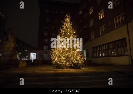 Berlin, Allemagne. 30th novembre 2022. Deux arbres de Noël se trouvent à Berlin Charlottenburg, à côté de bâtiments résidentiels, sur 30 novembre 2022. Selon les estimations de nombreuses associations en Allemagne, responsables de la production des arbres de Noël, les prix des arbres de Noël devraient rester stables. Par conséquent, l'industrie des arbres de Noël ne s'attend à aucune conséquence sur les ventes, même en temps de crise énergétique et d'inflation élevée. (Credit image: © Michael Kuenne/PRESSCOV via ZUMA Press Wire) Banque D'Images