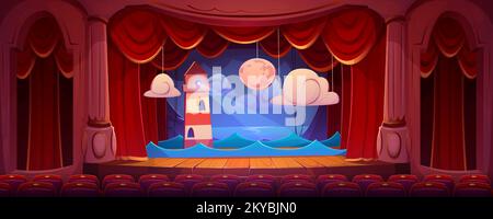 Intérieur de théâtre d'époque avec scène, sièges d'auditorium, rideaux rouges, colonnes et décoration de paysage de nuit avec mer, phare et lune sur toile de fond, illustration de dessin animé vectoriel Illustration de Vecteur