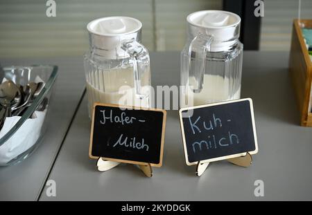 Berlin, Allemagne. 30th novembre 2022. Le lait d'avoine et le lait de vache sont côte à côte. Credit: Jens Kalaene/dpa/Alamy Live News Banque D'Images