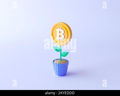Bitcoin la pièce d'or (BTC) se développent comme une plante. Illustration du symbole 3D. Logo Creative Bitcoin coin BTC. La monnaie de Crypto grandir au concept de lune. Banque D'Images