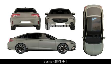 Voiture tous les côtés vue isolée sur blanc, teinté verre - collection de toutes les vues caractéristiques - dessus, avant, arrière, côté, 3D rendu. Berline blanche Banque D'Images