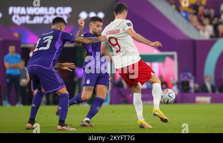 Al Wakrah, Qatar. 30th novembre 2022. Cristian Romero en Argentine et Robert Lewandowski en Pologne se battent pour le ballon lors d'un match de football entre la Pologne et l'Argentine, le troisième et dernier match dans le groupe C de la coupe du monde FIFA 2022 à Al Wakrah, État du Qatar, le mercredi 30 novembre 2022. BELGA PHOTO VIRGINIE LEFOUR crédit: Belga News Agency/Alay Live News Banque D'Images