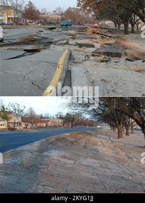 Ouragan Katrina, Biloxi, divers, 3 septembre et 3 novembre 2005 -- États-Unis Autoroute 90 avant (en haut) et après réparation des dommages causés par l'ouragan Katrina. Banque D'Images