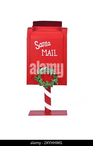 Boîte postale Santa rouge pour Noël présente listes de souhaits sur fond blanc Banque D'Images