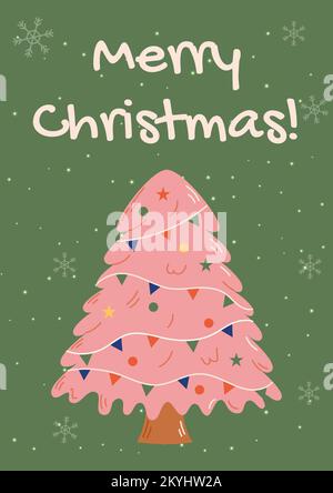 Carte de Noël groovy avec arbre de noël. Concept de fête de Noël et du nouvel an. Idéal pour les cartes de vœux, les invitations, les bannières et les sites Web. Illustration de Vecteur