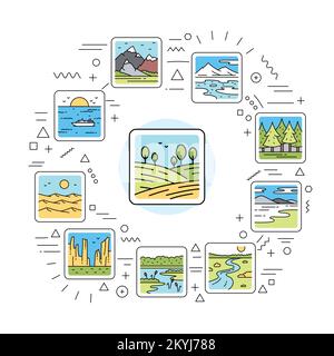Bannière Web paysage. Infographies avec icônes linéaires sur fond blanc. Concept d'idée créative. Illustration de Vecteur