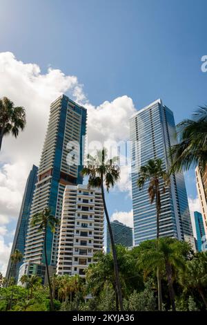 Condominiums avec arbres à l'avant avec vue en angle bas à Miami, Floride, immeubles résidentiels de plusieurs étages sous les nuages blancs puffy ci-dessus. Banque D'Images