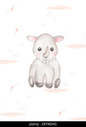 Aquarelle jolie illustration de rhinocéros, amusant enfant tête d'affiche de pépinière avec animal de rhinocéros. Clipart de couleur délicate dans le style scandinave. Banque D'Images