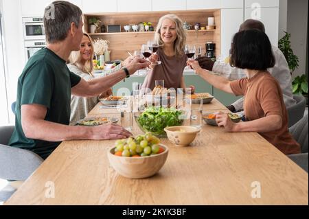 Groupe de divers amis seniors faisant un toast tout en dînant à la maison Banque D'Images