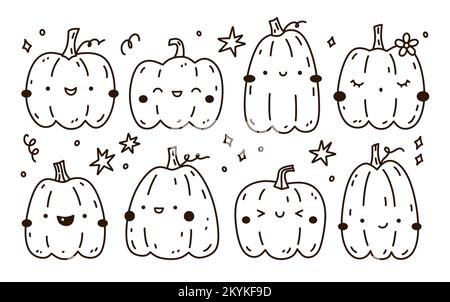 Ensemble de citrouilles mignons et drôles isolées sur fond blanc. Illustration vectorielle dessinée à la main, style doodle. Personnages kawaii. Parfait pour les cartes, les décorations, le logo et les motifs d'Halloween. Illustration de Vecteur