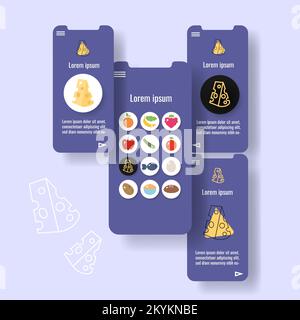 Modèle de page d'application mobile avec produits laitiers à fromage dur. Illustration vectorielle de l'icône de contour des aliments Illustration de Vecteur