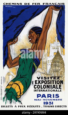 Chemins de fer English. Visitez l'exposition coloniale internationale. Paris. Mai-novembre 1931. Billets à prix réduits - trains dirigés par Jules Isnard Dransy (1883-1945). Affiche publiée en 1931 en France. Banque D'Images