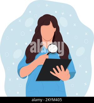 Une jeune infirmière tient une loupe et un dossier entre ses mains, effectue une étude des résultats des tests du patient. Illustration vectorielle. Illustration de Vecteur