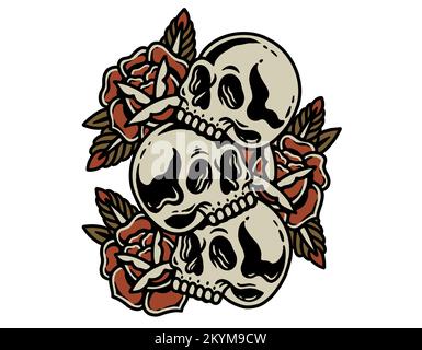 Vieux fonds d'écran traditionnel tattoo inspiré cool design graphique illustration de crânes avec des roses sur fond blanc Banque D'Images