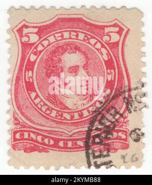 ARGENTINE - 1867: 5 catenvos timbre-poste vermilion représentant le portrait de Bernardino de la Trinité Gonzalez Rivadavia, premier président de l'Argentine, puis a appelé les provinces unies du Río de la Plata, de 8 février 1826 à 27 juin 1827. Il a fait ses études au Collège royal de San Carlos, mais il est parti sans terminer ses études. Pendant les invasions britanniques, il a servi comme troisième lieutenant des volontaires de Galice. Il a participé au Cabildo on 22 mai 1810 qui votait pour le dépôt de la vice-roi Banque D'Images