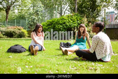 Amis adolescents, temps libre. Des adolescentes en fin de séjour s'asseyant au soleil d'été et s'asseyant mutuellement compagnie. À partir d'une série d'images associées. Banque D'Images