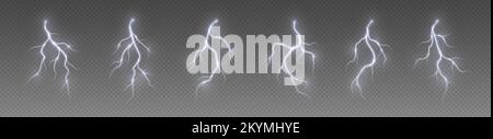 Orage foudre, coup de tonnerre, fermeture éclair électrique réaliste, effet de lumière flash d'énergie, éclair blanc Illustration de Vecteur