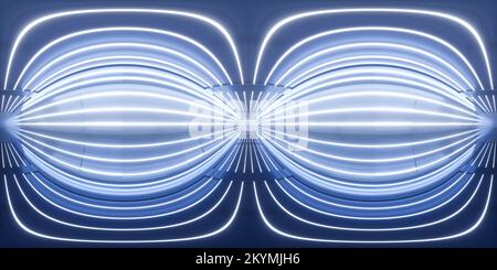 Tunnel bleu avec lignes de néon, panorama à 360 degrés, rendu 3D. Dessin numérique. Banque D'Images