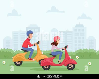 Des gens heureux de jeunes couples qui voyagent en scooter sur fond de paysage urbain. Style de vie actif, voyage. Illustration vectorielle de style dessin animé Illustration de Vecteur