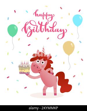 Carte de voeux pour joyeux anniversaire décorée de ballons et de confettis festifs. Gâteau de licorne mignon et drôle avec bougies en feu Illustration de Vecteur