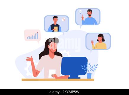 Vidéoconférence en ligne avec un collègue. Femme à la maison ou au bureau avec communication informatique avec les gens. Webinaire en ligne, travaillez à domicile Illustration de Vecteur