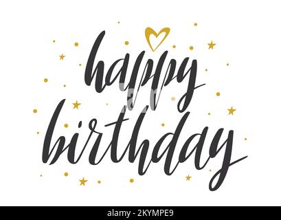 Joyeux anniversaire citation avec étoiles dorées et coeur. Motif typographique pour carte de vœux. Illustration vectorielle isolée sur fond blanc Illustration de Vecteur