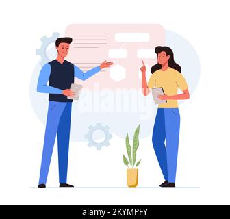 Concept de stratégie d'entreprise et de conception analytique. Les collègues discutent du projet sur le moniteur du tableau de bord. Équipe de brainstorming. Illustration vectorielle plate Illustration de Vecteur