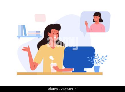 Femme assise avec un ordinateur portable dans un chat vidéo. Réunion en ligne. Concept de personnages vectoriels à la pause-café dans un style plat Illustration de Vecteur