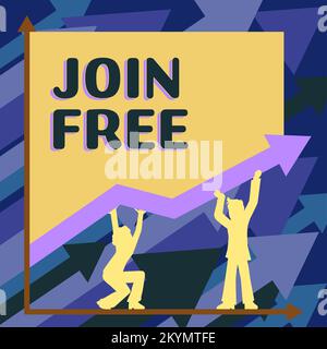 Écriture du texte affiché Join Free. Les affaires présentent l'acte ou un exemple de joindre un groupe ou une organisation Banque D'Images